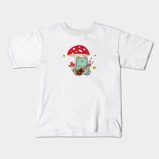 Cute Cottagecore Frog Playing the Guitar Mushroom Kids T-Shirt